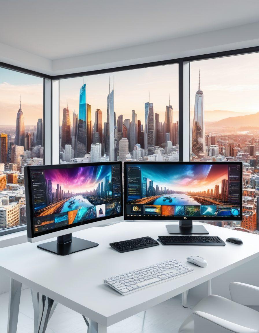A modern workspace with a sleek desk setup featuring dual monitors displaying complex code and advanced web design elements. Surrounding the desk are various tech gadgets like VR headsets, tablets, and smart devices. In the background, a futuristic cityscape can be glimpsed through large windows, signifying the digital age. The overall vibe should be inspiring and cutting-edge. super-realistic. vibrant colors. white background.