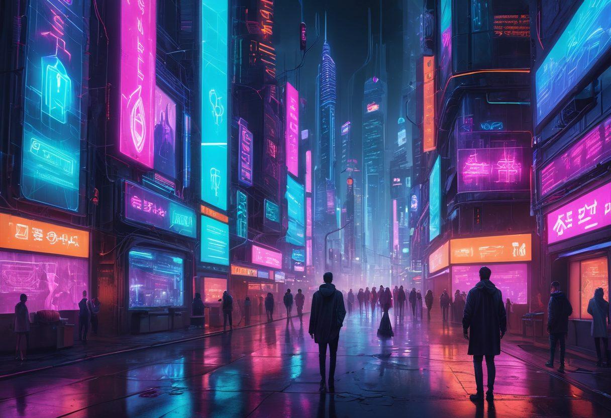 A futuristic cityscape with glowing neon signs, each representing different web services like cloud computing, SEO, and UX design; people interacting with holographic screens displaying data and analytics; a cybernetic figure orchestrating the flow of information. cyberpunk. vibrant colors. digital art.