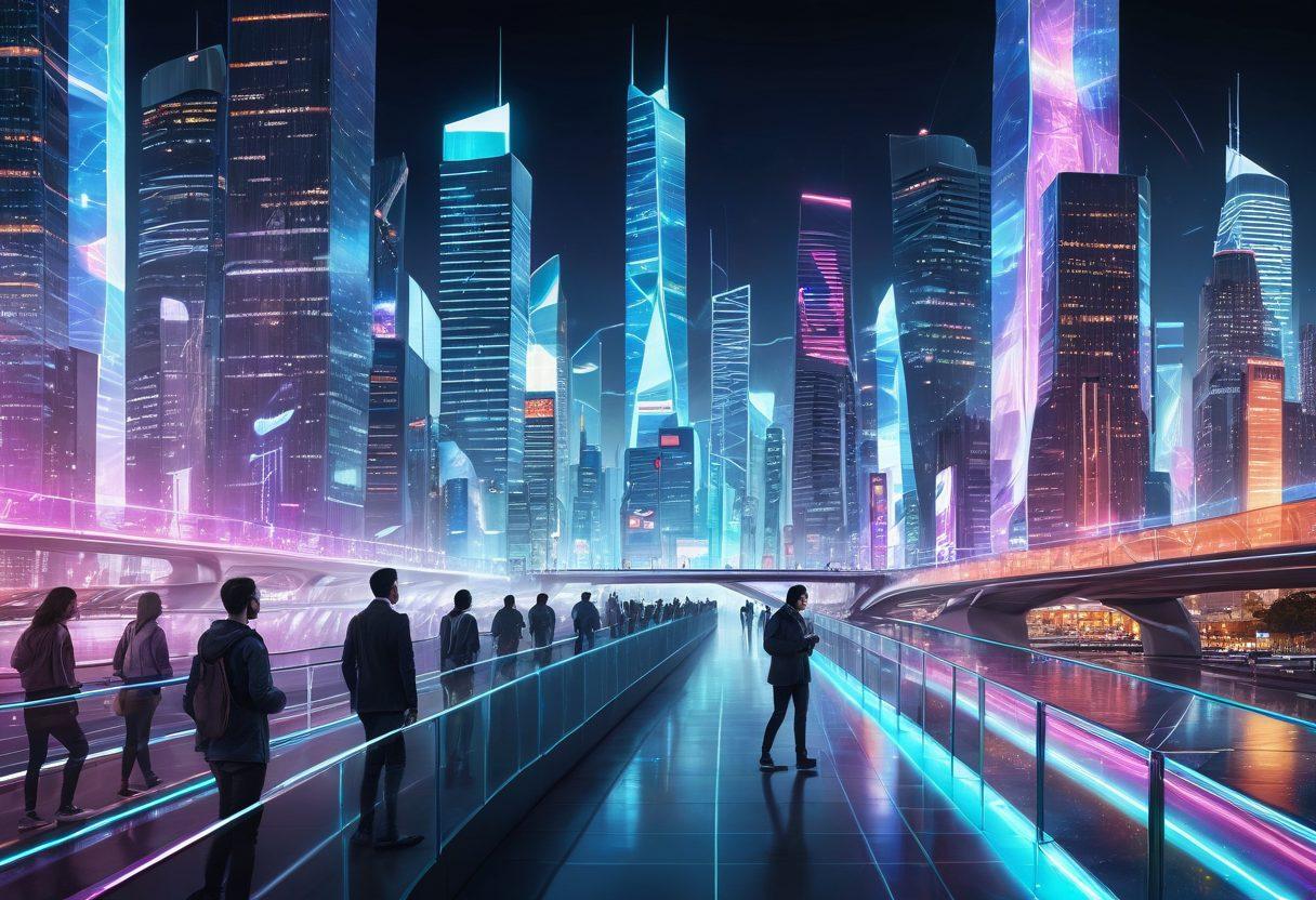 A futuristic cityscape with holographic advertisements, sleek skyscrapers interconnected by neon-lit bridges. Diverse people, some using augmented reality glasses and others working on transparent digital touchscreens. Highlight dynamic energy and technological advancements. super-realistic. vibrant colors. futuristic art.
